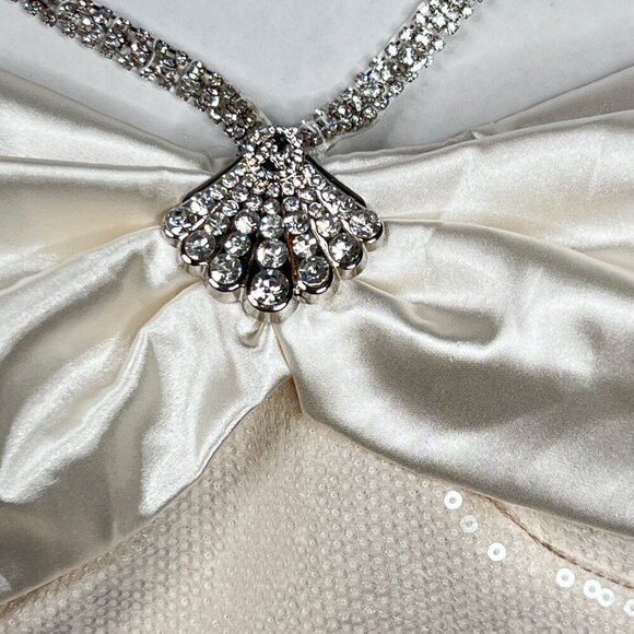 OZLANA Voyage Ivory Satin Off-Shoulder Sequin Rhinestones Tulip Dress Sz L - NWT - Picture 6 of 14
